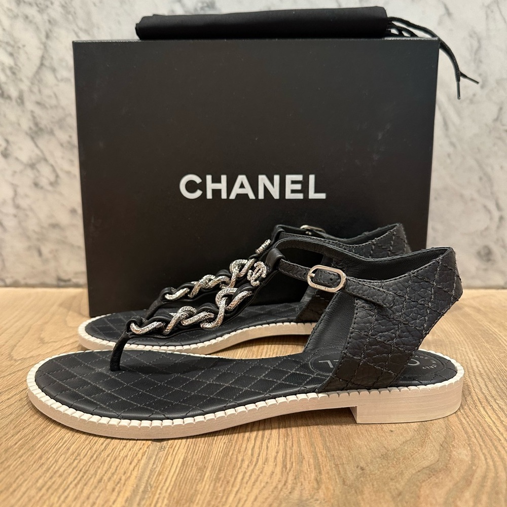Chanel Black Sandals with Silver Chain Accent - Picture 5 of 13